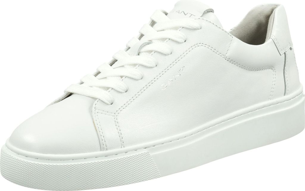 A white leather sneaker is shown from a side angle against a white background.