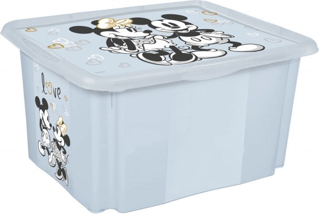 A light blue storage box with Mickey and Minnie Mouse characters printed on it.