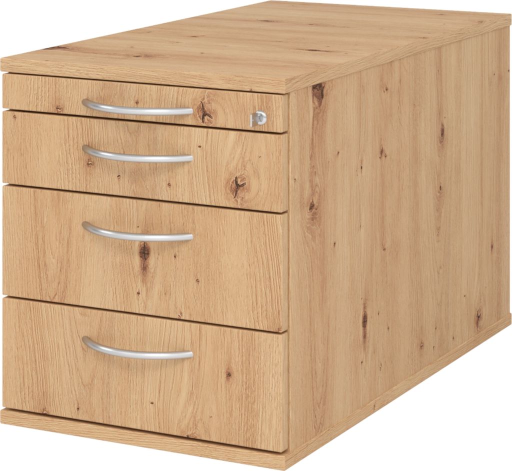 bümö office Rollcontainer - mit 3 Schubladen - Nachbildung: Asteiche, Griff: Bogengriff (Metall)