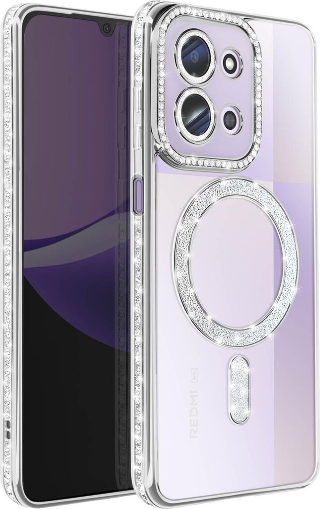 Avizar, Hülle Redmi 15C MagSafe-kompatibel mit Strass-Rand, Silber