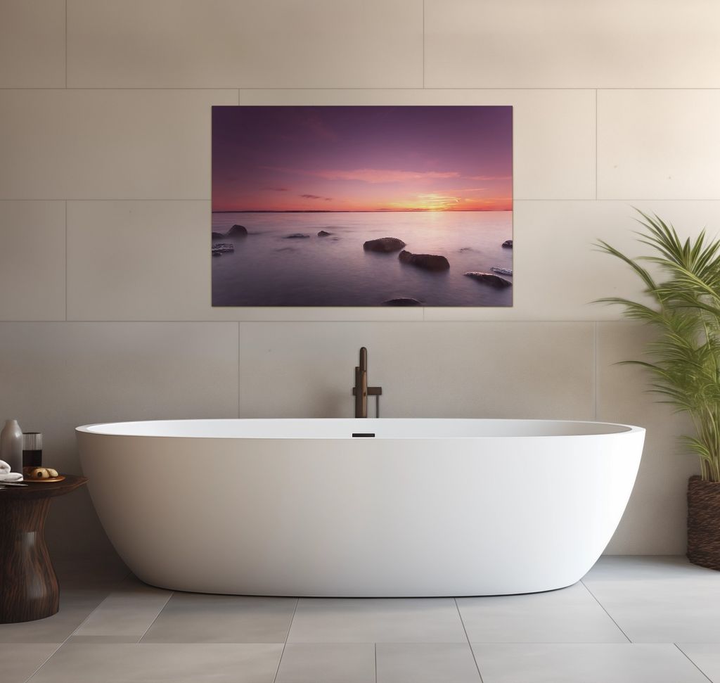 Wallario wasserfestes Poster selbstklebend 91,50 x 61 cm, Nebel am See bei Sonnenuntergang, Badezimmerposter Spritzschutz mit Hochglanzoberfläche ...