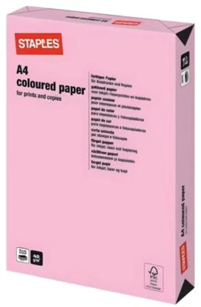 Ramette de papier coloré A4 rose vif 80g Staples pour impression laser
