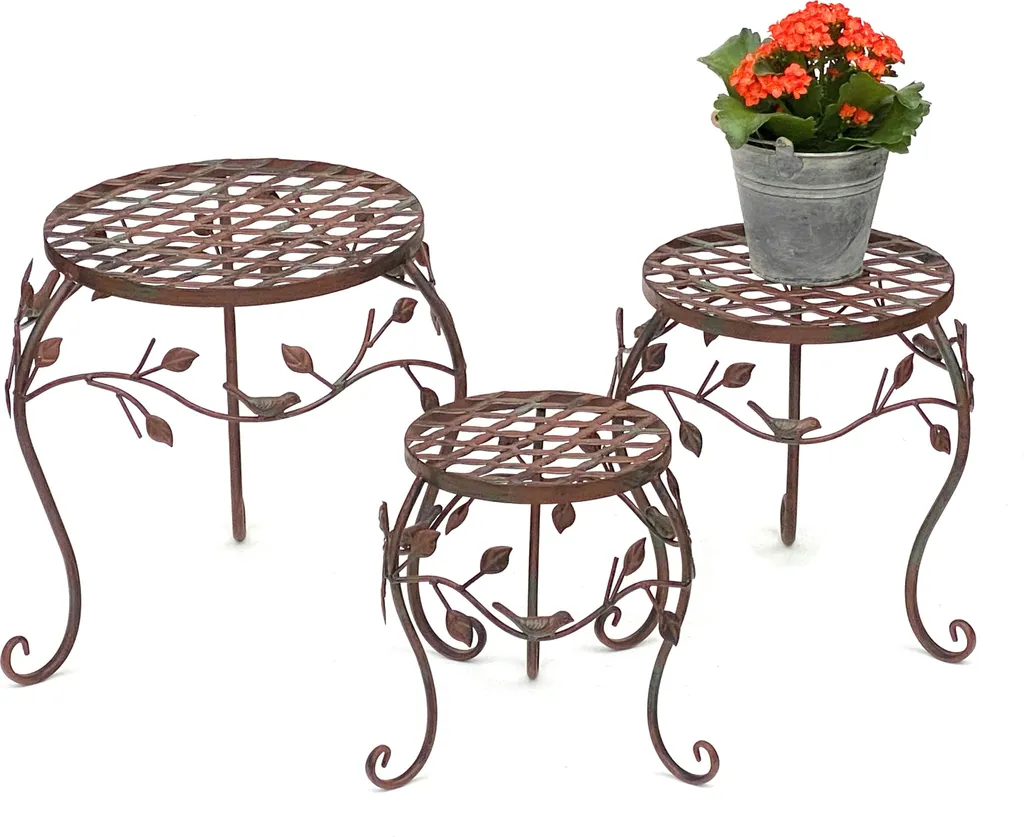 Support pour Plantes en Métal Style Antique - Lot de 3 Sellettes Brunes