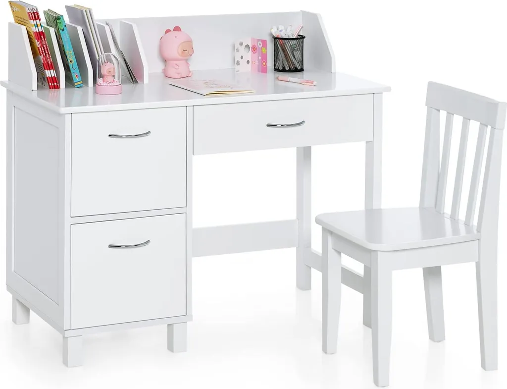 Bureau enfant blanc avec armoire de rangement et chaise design ergonomique