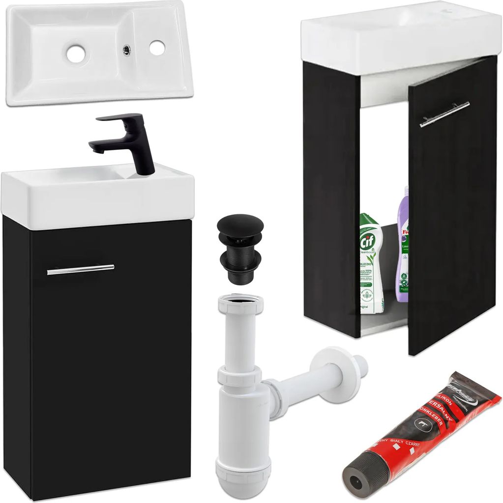 Stamar | Badezimmerschrank, Wandhängendes Badezimmer-Set, Schwarz, 40x22 cm, mit Waschbecken und Armatur
