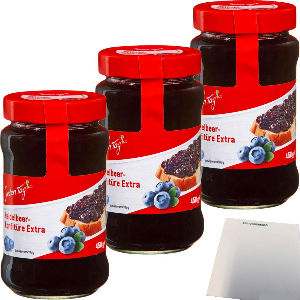 Jeden Tag Konfitüre Extra Heidelbeere 3er Pack (3x450g Glas) + usy Block