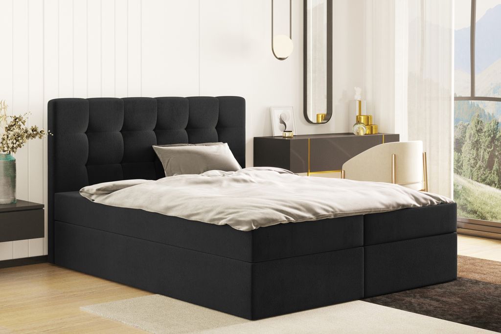 Kaiser Möbel Boxspringbett mit matratze und bettkasten, Schlafbett LUDANO 140 cm x 200 cm stoff Cosmic Schwarz H3