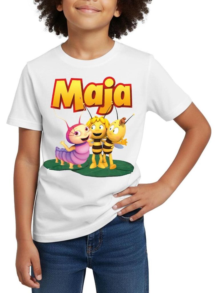 Spreadshirt Biene Maja mit Willi und Raupe Ulla Kinder T-Shirt, 98/104 (3-4 Jahre), Weiß