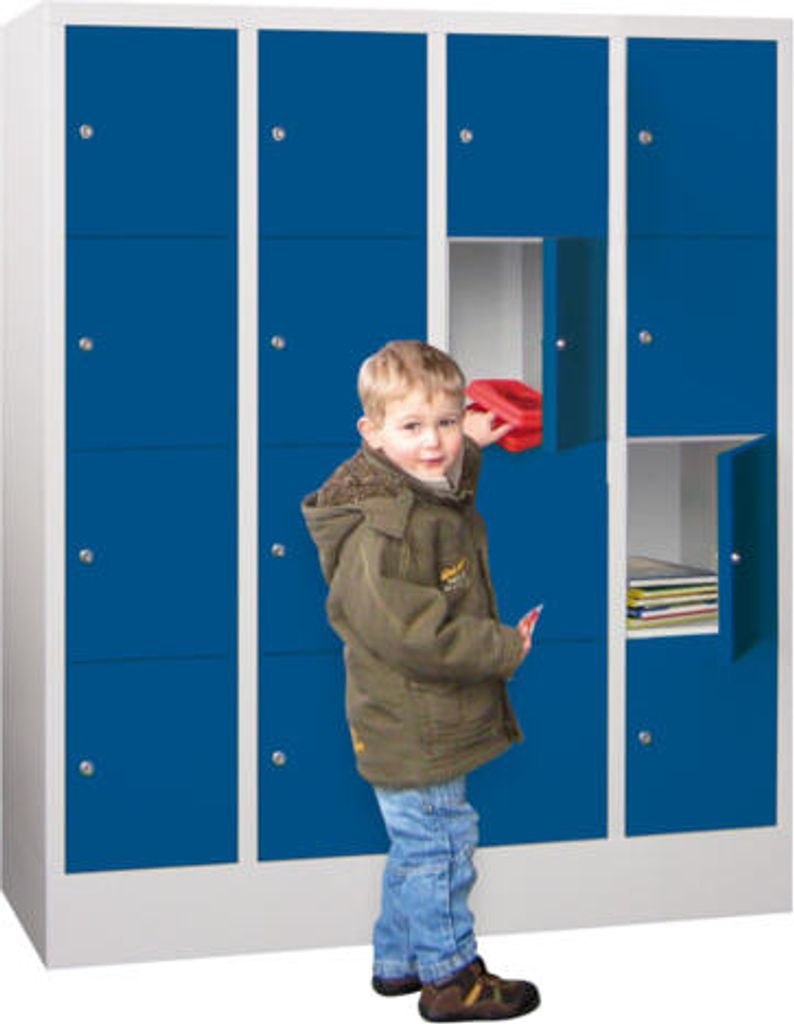 Schließfachschrank - 16 Fächer a 300 mm - 1.518x1.200x500 mm (HxBxT) - Sockel - Zylinderschloss - feuerrot/himmelblau