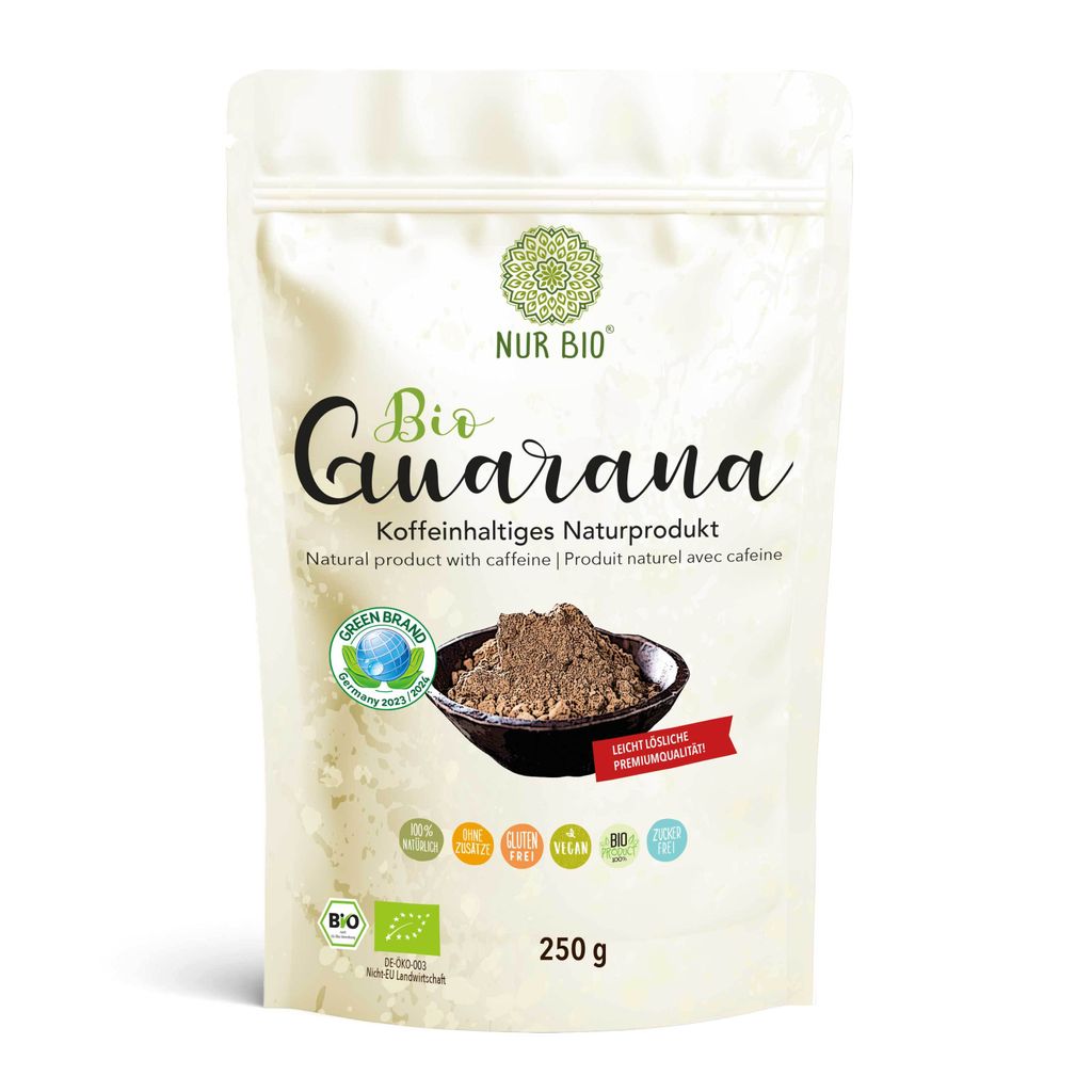 NUR BIO Guarana Pulver 250g natürliches Koffein ohne Zusätze vegan Energie-Getränk Kaffee-Ersatz