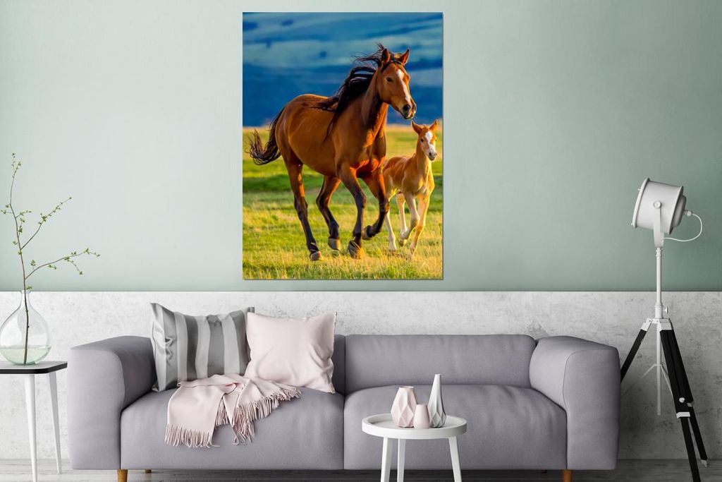 MuchoWow Wanddekoration Metall Metallbild Wandkunst 90x120 cm Pferde - Gras - Tiere - Landschaft - Natur MuchoWow Aluminium Gemälde - Industrial