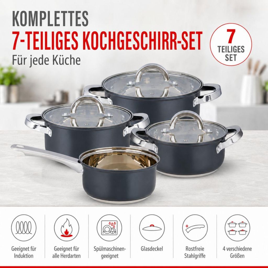alpina Induktions-Topfset 7-teilig – Edelstahl Kochtöpfe