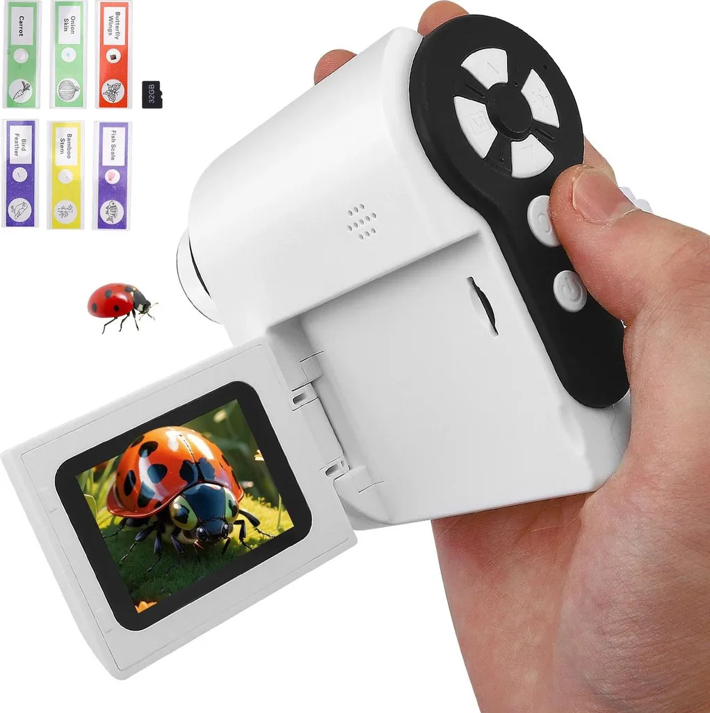 Microscopio portatile per bambini - Microscopio digitale tascabile - Ingrandimento 500-1500X - Display IPS 5,1 cm - Con batteria - Bianco