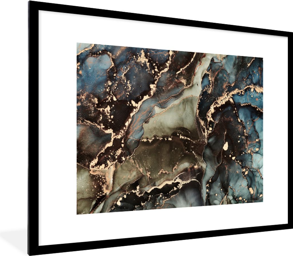 MuchoWow Gerahmtes Poster Marmor - Gold - Grün 80x60 cm - Poster mit Schwarzem Bilderrahmen Wandposter Rahmen Foto Bilder - Schlafzimmer-Dekorat...