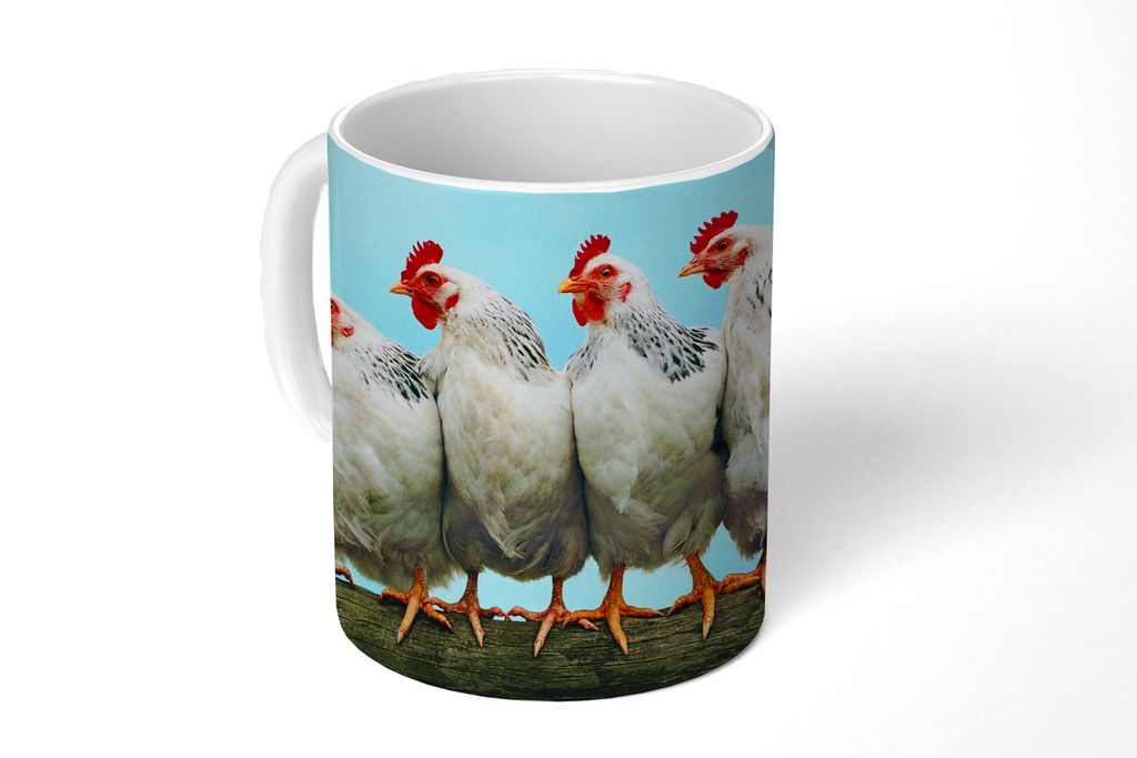 KitchenYeah Tasse Kaffeetasse Kaffeebecher 350 ml Vier Hühner auf einem Stock Teetasse - Fototasse - Becher - Keramikbecher - Teebecher - Kaffee...
