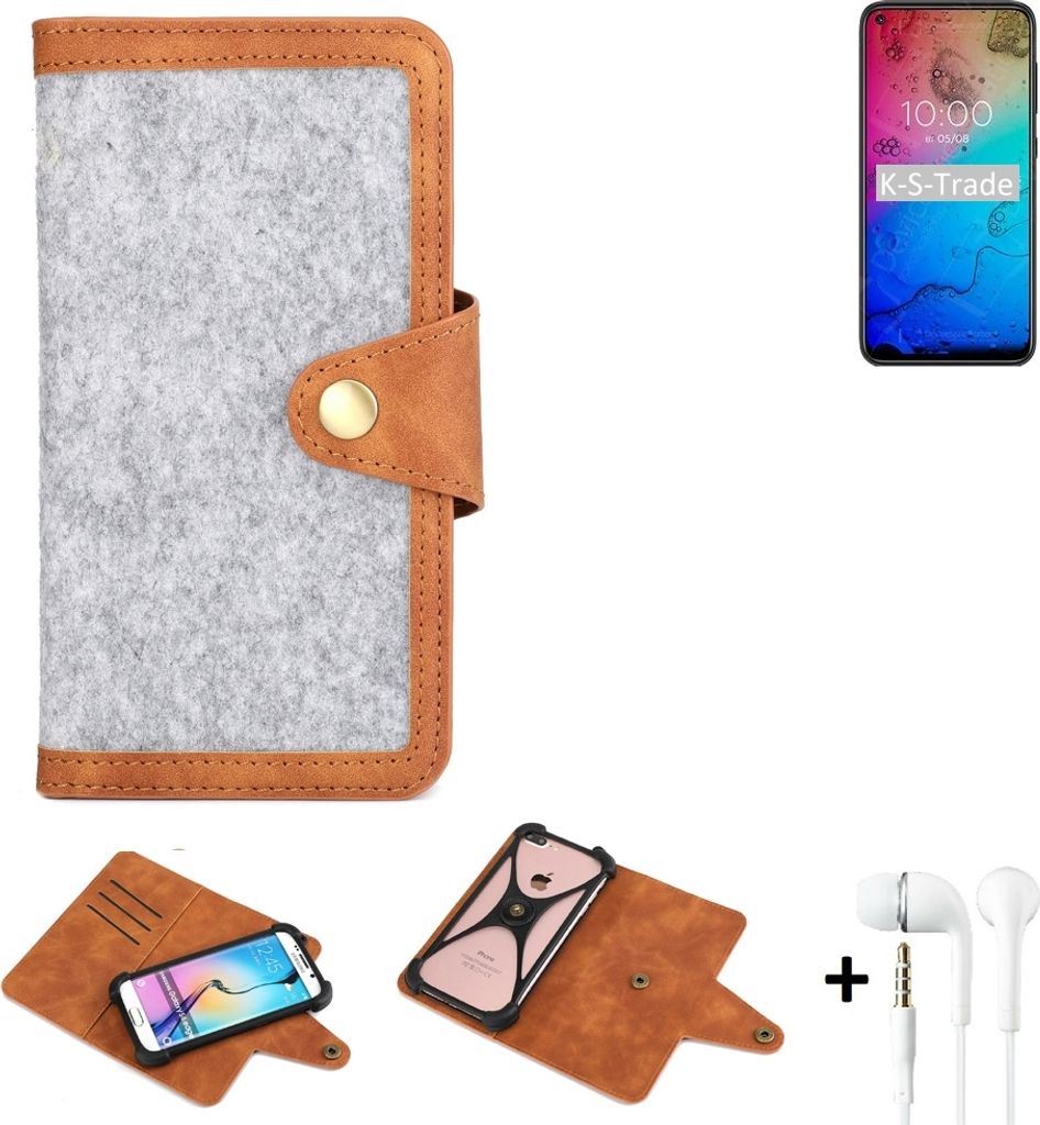 K-S-Trade Handyhülle + Kopfhörer kompatibel mit BQ Mobile BQ-6430L Aurora Schutzhülle Filz Hülle Kunstleder hellgrau braun (1x)