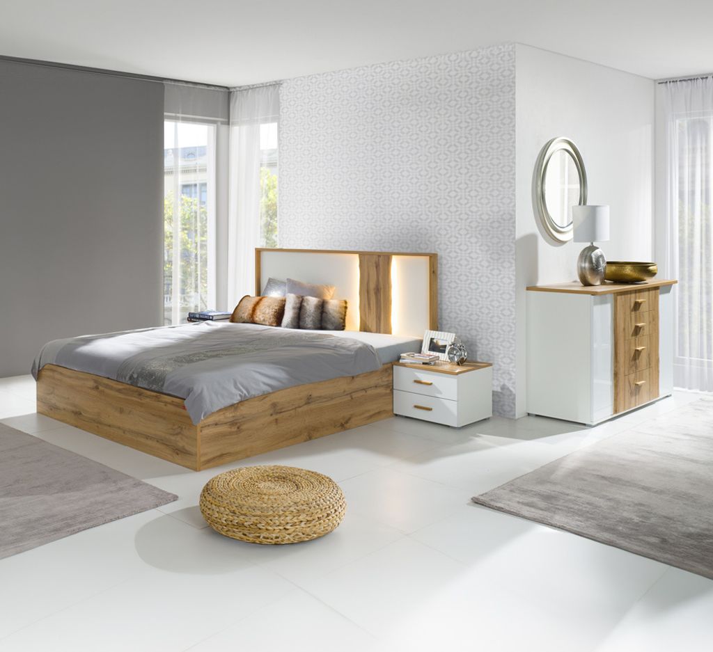 Schlafzimmer Set Eiche mit weiß WOOLER-166 4-teilig Bett 160x200 cm inkl. Lattenrost