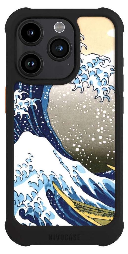 NIVOCASE Hülle für Apple iPhone 15 Pro Stoßfeste Handyhülle NIVOmax Case Schwarz Katsushika Hokusai Kunst Die große Welle vor Kanagawa