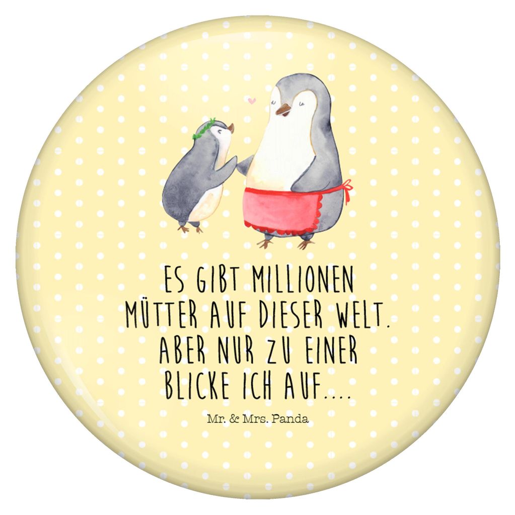 Mr. & Mrs. Panda Button Pinguin mit Kind - Gelb Pastell - Geschenk, Anstecker, Plakette, Badge, Muttertag, Pin, Mama, Familie, Mutti, Mutter, Vorbild