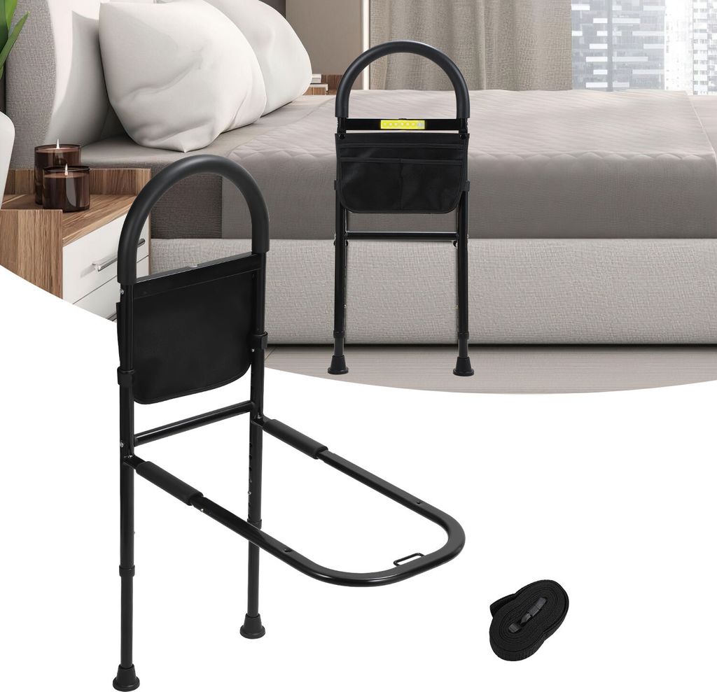 TolleTour Bettgitter Aufstehhilfe Bett, Höhenverstellbar Haltegriffe Für Senioren Pflegebett Zubehör, mit Ablagetasche&Sensorlicht