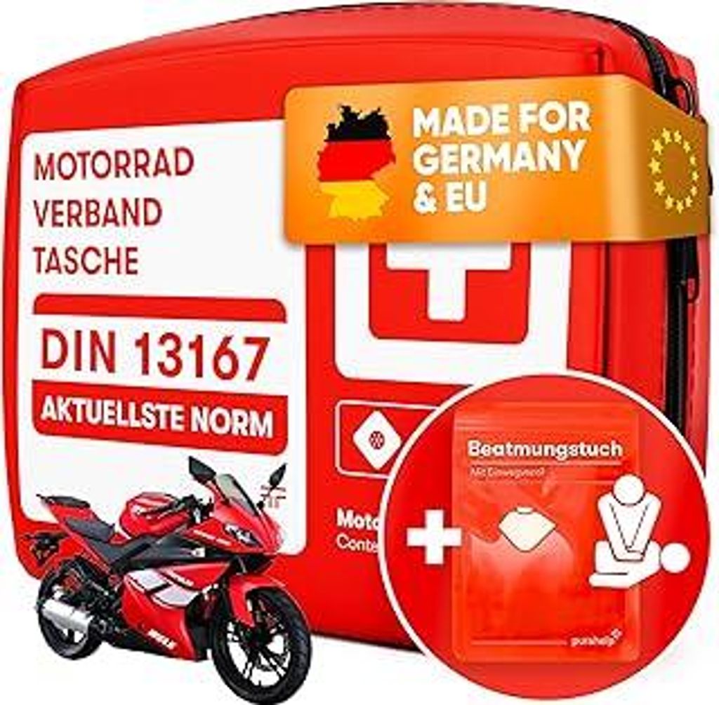 Motorrad Verbandskasten nach aktueller Norm 2026 DIN 13167 (StVO konform) - Inkl. Beatmungstuch - Motorrad Erste Hilfe Set 2026 Mini Klein