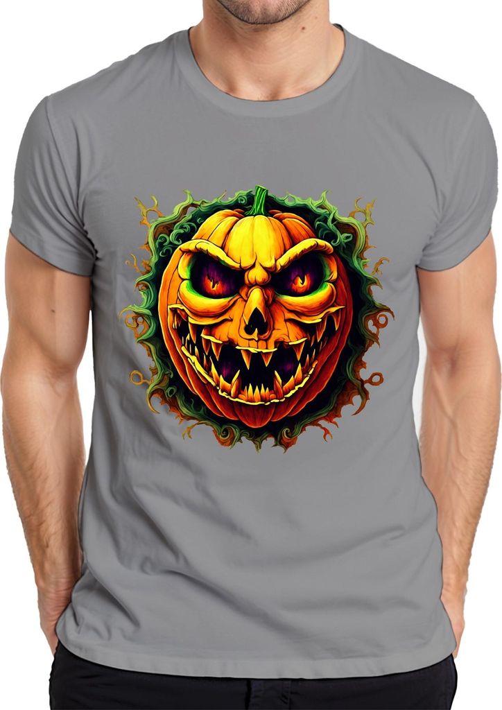 Horrorkürbis Grusel Kürbiskopf Halloween Jack O Lantern Schaurig Herren T-Shirt, Grau, S