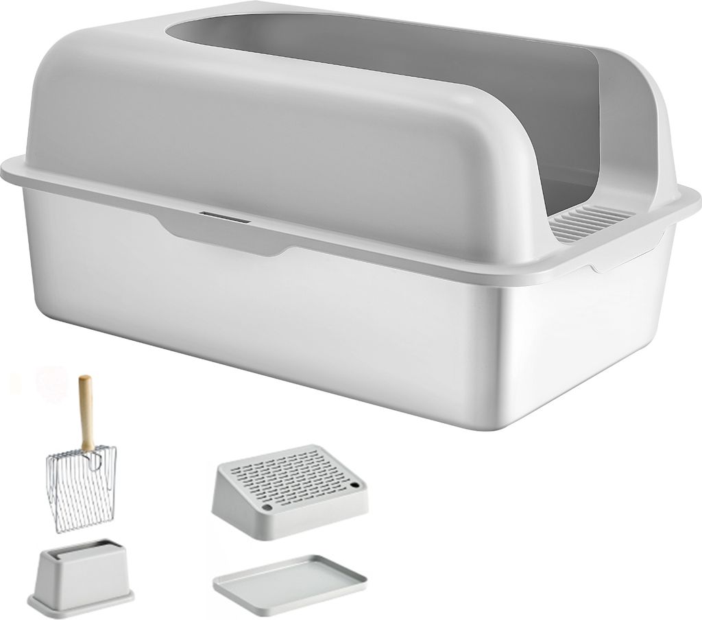 A white enclosed cat litter box with a scoop and other accessories displayed below it against a white background.