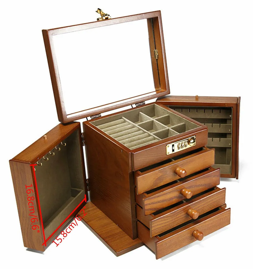 Boîte à bijoux 4 étages marron et coffret de rangement sécurisé à code - 4