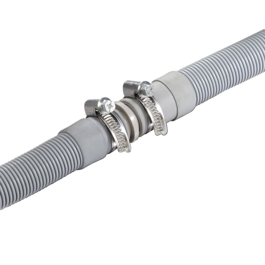 A close-up shot of a hose connector with two hose clamps.