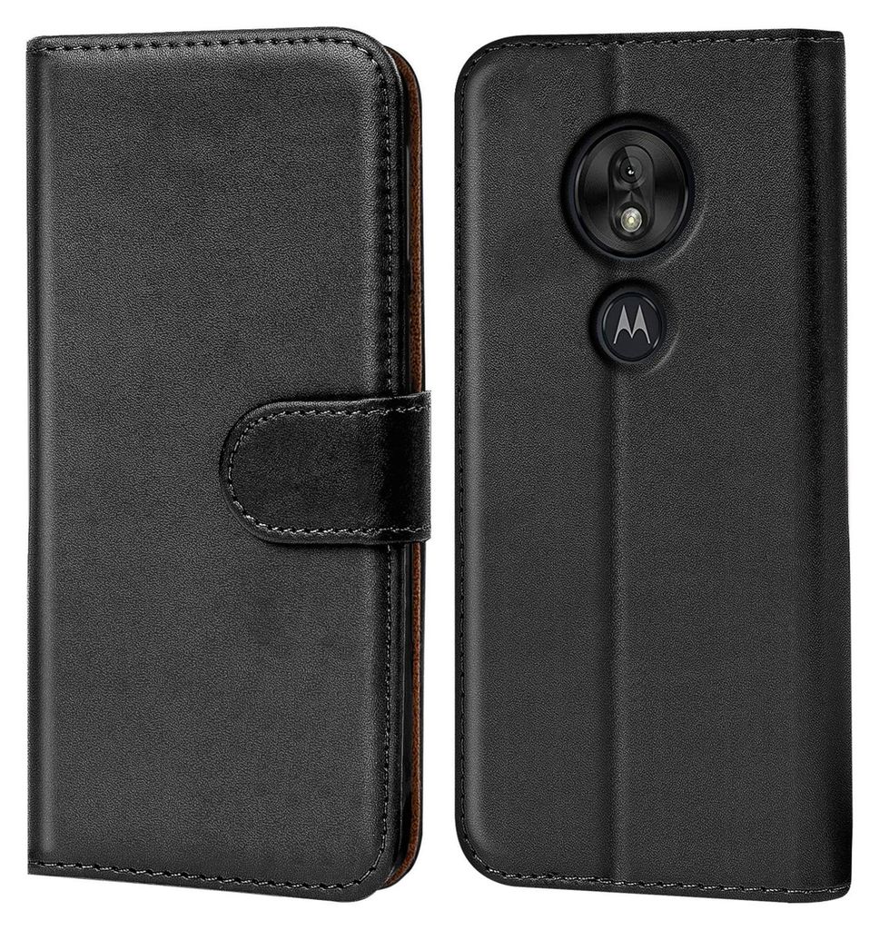 A black flip case for a smartphone is shown, with the phone inside the case on the right side.