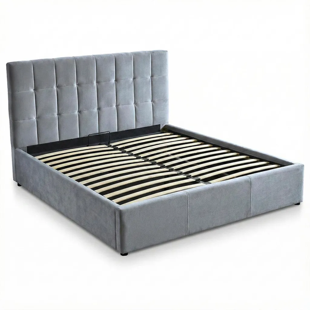Lit king size 180x200 Velours Argent et sommier à vérins modèle Luftani