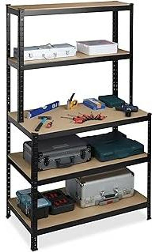 Schwerlastregal mit Werkbank, 500 kg, 5 Ebenen, HxBxT: 180 x 100 x 60 cm, MDF & Stahl, Werkstattregal, schwarz