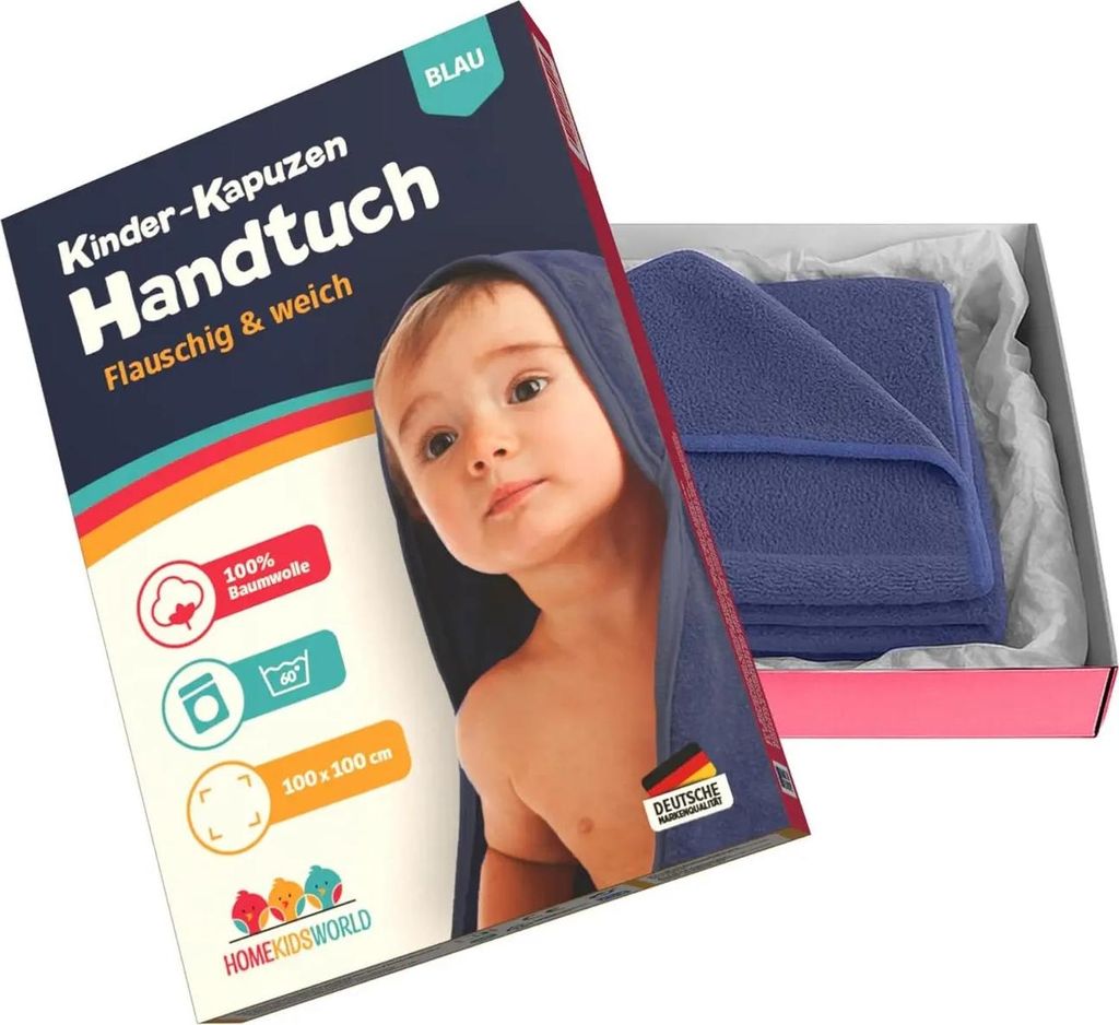 HomeKidsworld Kapuzenhandtuch für Kind & Baby 100x100 cm Blau