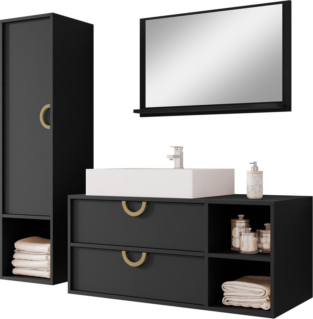 MIRJAN24 Badmöbel-Set Lefog, Badezimmer-Set mit Spiegel und Waschbecken (Farbe: Schwarz Matt, mit Siphon)