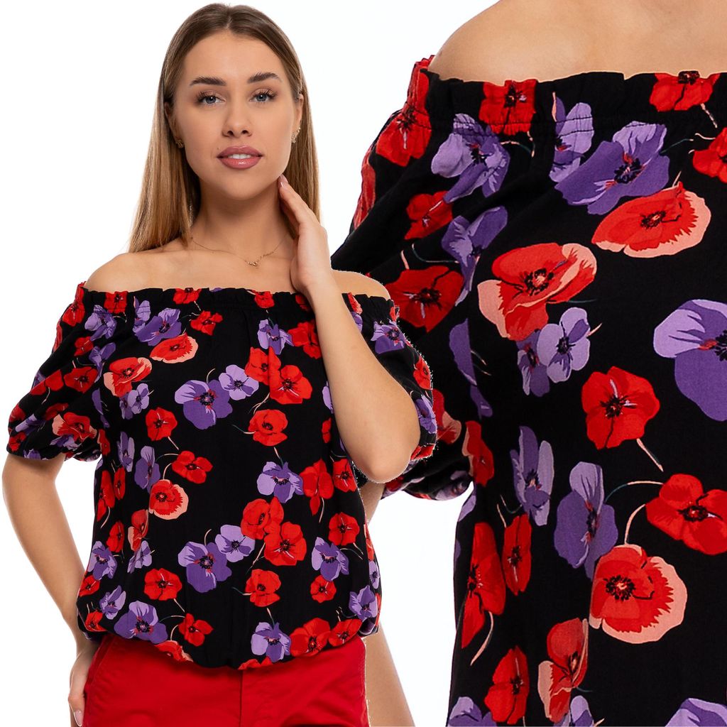 Camicetta da donna in viscosa con motivo floreale, maniche Immagine del prodotto 