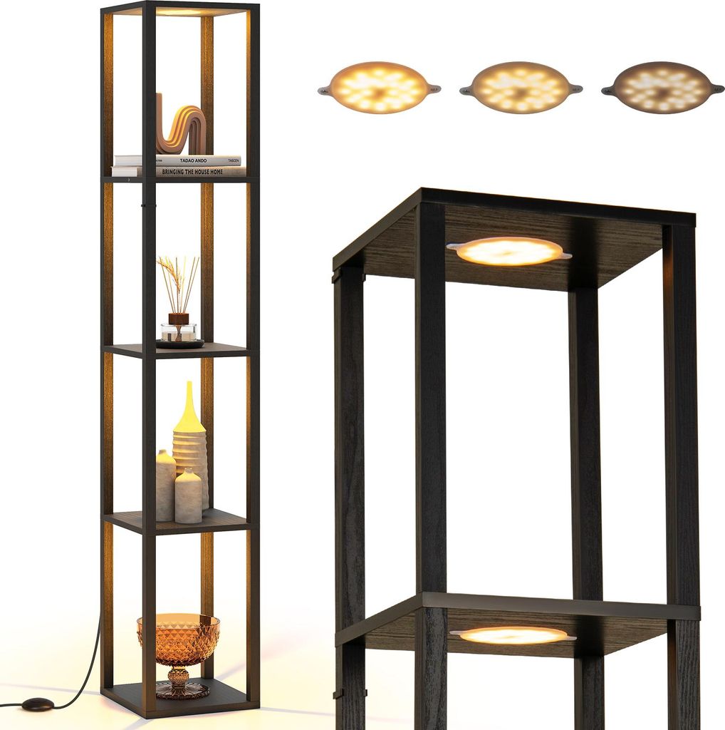 A tall, narrow, four-shelf display unit with integrated LED lighting, shown against a white background. The unit is made of dark wood-like material and has decorative items on its shelves. A close-up view of the unit's corner and lighting is also shown, al