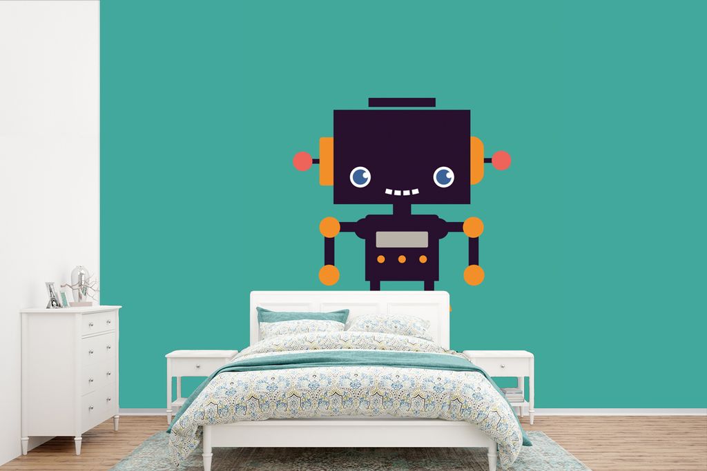 MuchoWow Fototapete für Wohnzimmer oder Schlafzimmer Wandtapete Vinyl Motivtapete Roboter - Gesicht - Antenne - Blau - Jungen - 450x300 cm - Kin...