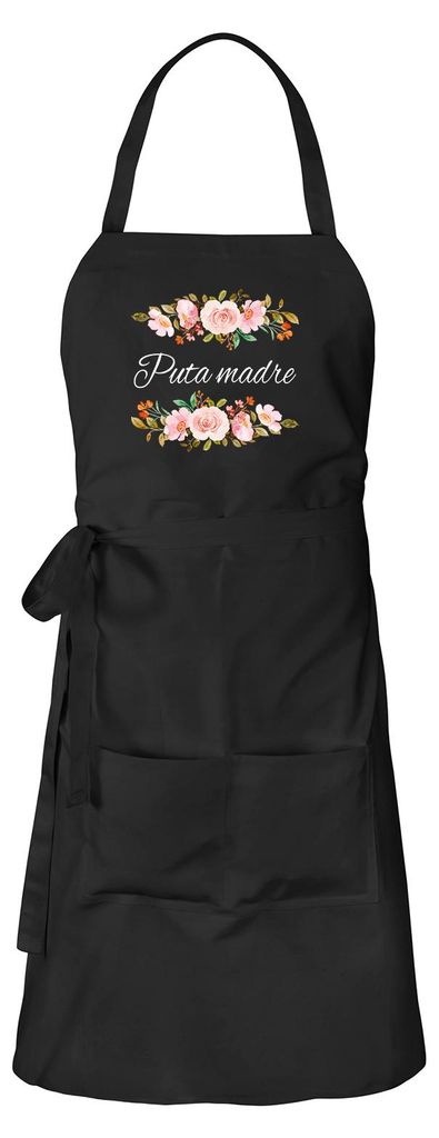 Huuraa Schürze Puta madre spanisch Blumen Schwarz mit Taschen Baumwolle Kochschürze Geschenkidee