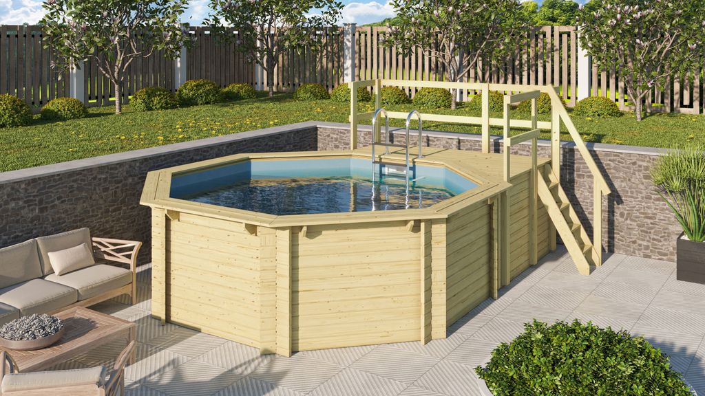Karibu | Achteck Massivholz Pool 358 x 358 x 124 cm Modell 1B | SET inkl. Sonnenterrasse 94,5 x 166 cm, Zubehör und Pool Leitern