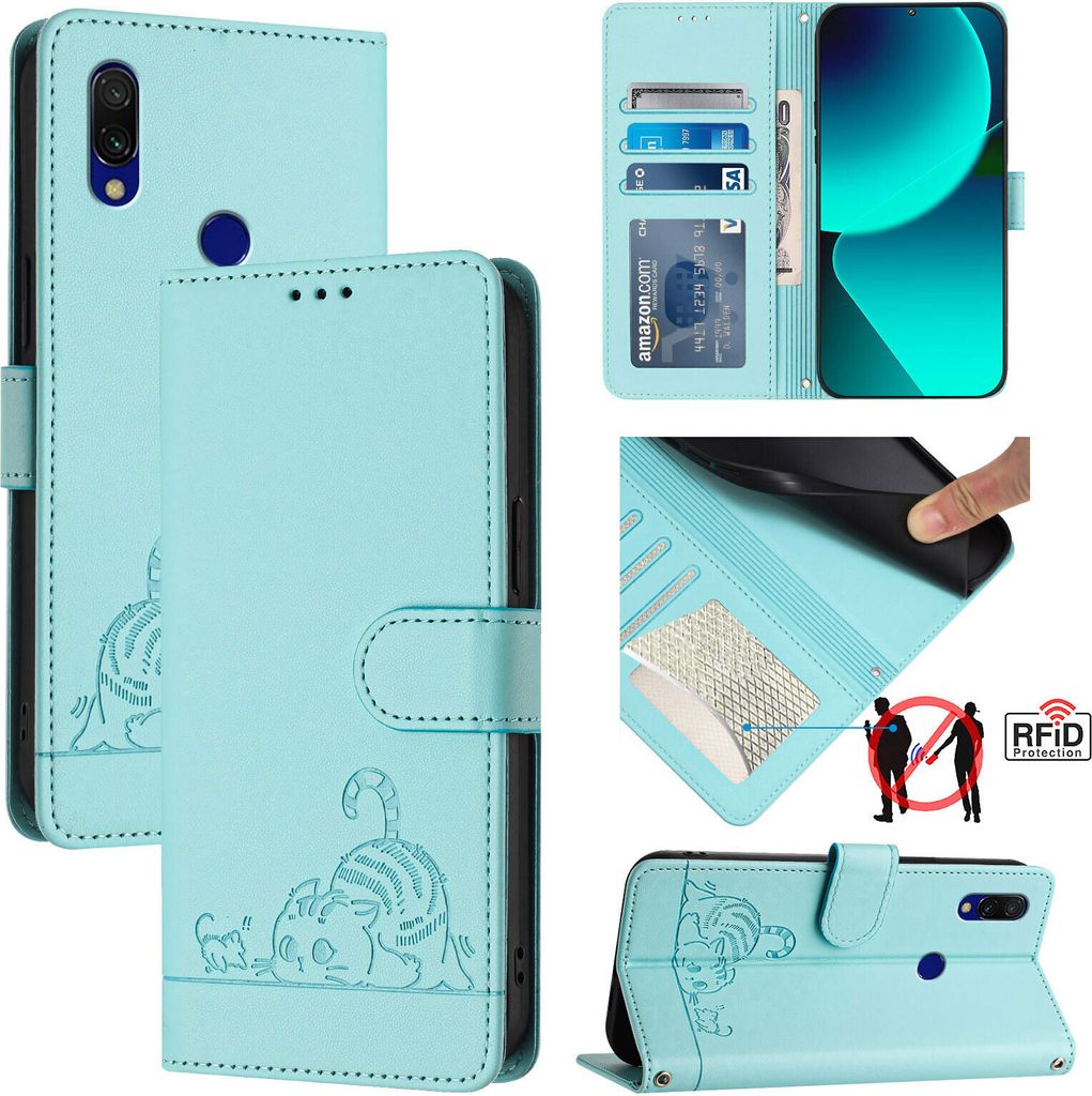Leder Hülle für Xiaomi Redmi 7 Süße Katze Flip Case Brieftasche Schutzhülle mit Standfunktion hellgrün