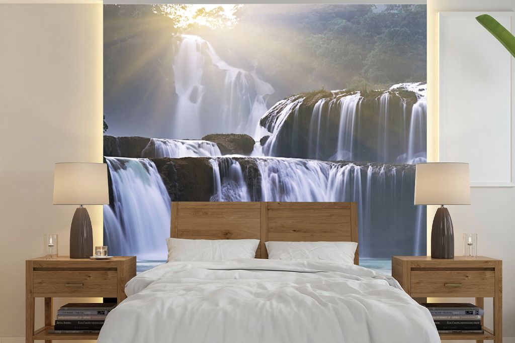 MuchoWow Fototapete für Wohnzimmer oder Schlafzimmer Wandtapete Vinyl Motivtapete Wasserfall - Felsen - Natur - 280x280 cm - Hintergrundbild