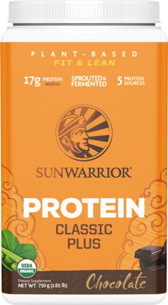 A product shot of a Sunwarrior Protein powder container.