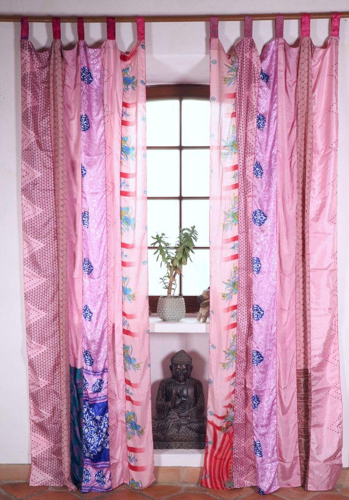 Vorhang 2 Stück Seidige Upcycling Gardine aus Patchwork Sareestoff, Unikat Vorhänge - Pink, Polyester, 250*100*0,2 cm, Dekovorhänge