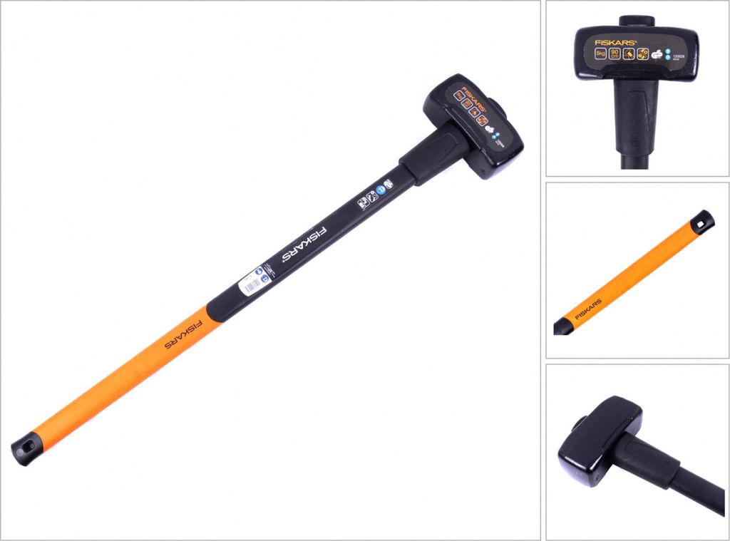 A Fiskars sledgehammer is shown against a white background, with close-up views of its head and handle.
