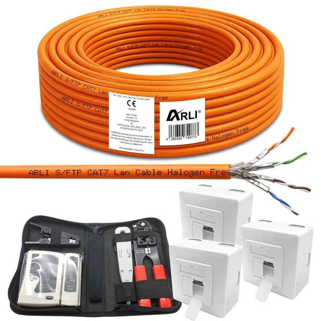 ARLI Cat7 50 m Verlegekabel S/FTP + 3x Cat6a Netzwerkdose + Crimpzange LSA Netzwerktester Abisoliermesser Werkzeugset