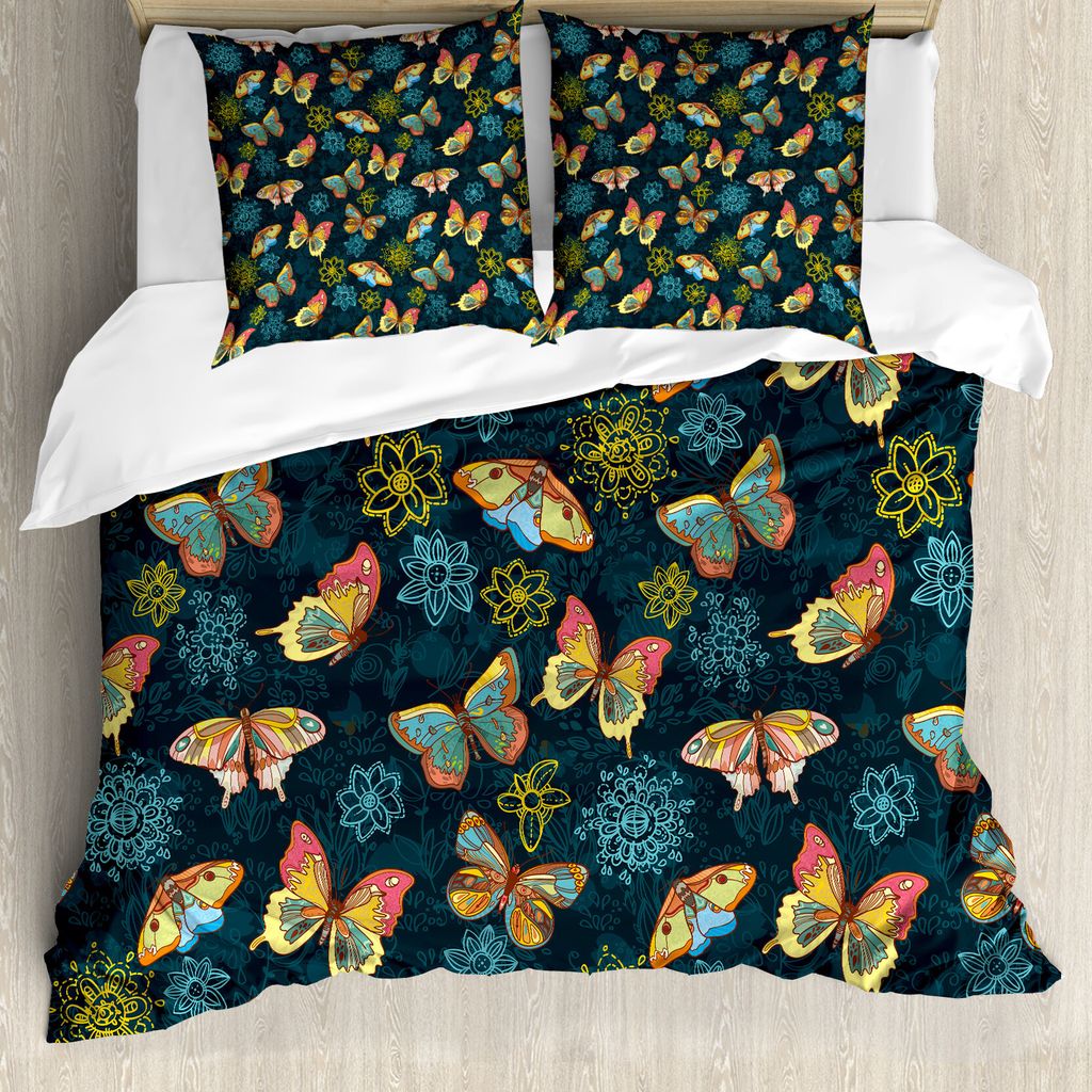 ABAKUHAUS Blumen Bettbezug, Schmetterlinge und Blumen, Milbensicher Allergiker geeignet mit Kissenbezügen, 155 cm x 220 cm - 80 x 80 cm, Gelb und ...