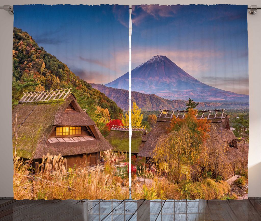 ABAKUHAUS Fuji Rustikaler Gardine, Landschaft von Old Village, Schlafzimmer Kräuselband Vorhang mit Schlaufen und Haken, 280 x 175 cm, Mehrfarbig