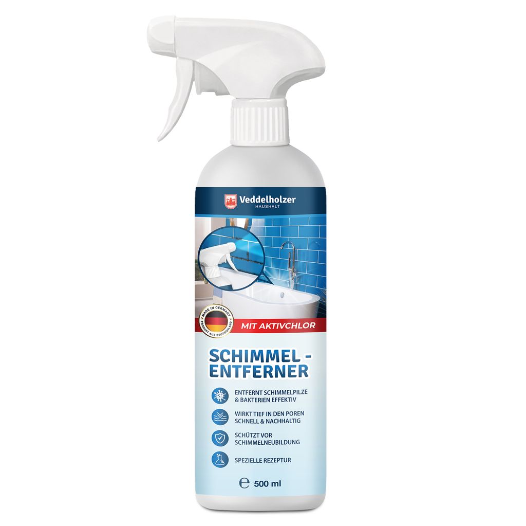 A white spray bottle of cleaning product with a label showing a bathroom scene and product details.