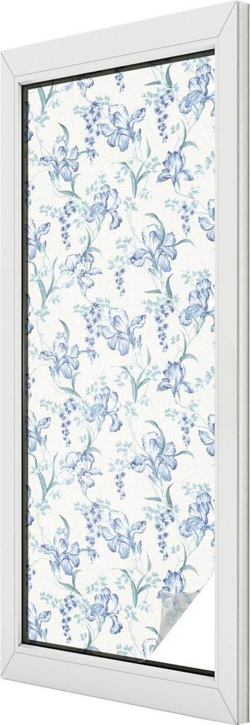 Buntglas Fensterfolie – 146x50 cm – Stained-Glass Design – blickdichte dekorative Sichtschutzfolie – selbstklebend, UV-Schutz – Blaue Blumen
