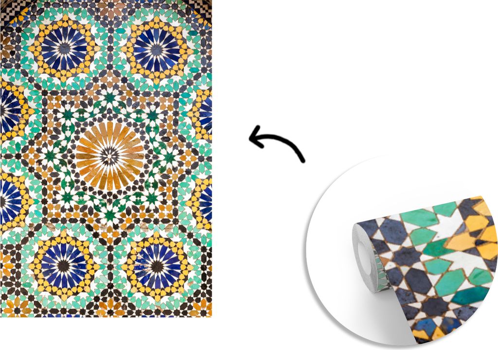MuchoWow Fototapete für Wohnzimmer oder Schlafzimmer Wandtapete Vinyl Motivtapete Eine Nahaufnahme eines marokkanischen Mosaiks - 190x280 cm - K...